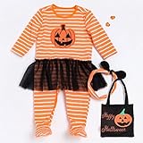 PS BABY ハロウィン パンプキン ベビー つま先まで ロンパース ヘアバンド&バック(80, 女の子)
