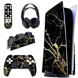 PlayVital ps5コンソールディスクエディションに対応用カスタムステッカー、ps5コントローラー＆充電ステーション＆ヘッドセット＆メディアリモート用ps5ステッカーシール【ブラック＆ゴールドマーブル】