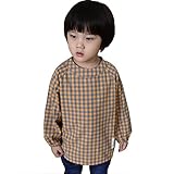スモック　保育園　男の子 お食事エプロン　コットン　チェック柄 女の子 通園グッズ 長袖 (110(身長90-100cm), イエローとブルー)