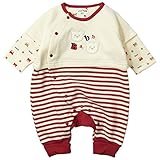 《秋冬春対応》 LoveLoveKids(ラブラブキッズ)裏起毛ボーダー+クマ顔水玉Ptモンキーオール 60cm/エンジ NO.KK-31-3962