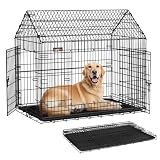 FEANDREA 犬 ケージ 折りたたみ犬用ケージ 中型犬 大型犬 トレー付き ペットサークル 屋根付き 大型 組立簡単 室内外兼用 120×72×107cm メタル製 ダブルドア 犬 ゲージ お手入れ簡単 ブラック PPD015B01