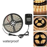 GALYGG Warm White SMD 5050 Waterproof LED Strip Lights with DC 12V 2A Power Adapter16.4ft/5m 300 Uni