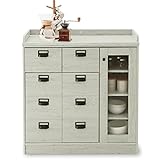 食器棚 ヴィンテージ風 リアル木目調 可動棚 ネームタグ付き 引き出し2杯 幅90cm ロータイプ キッチン収納 下段単品 ホワイト