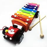 Mcupper-Wooden 8 Notes Tap-a-tune Xylophone Glockenspiel Knock Piano with Pull Along Truck Tractor T