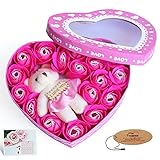 Yobansa 造花 ソープ フラワー プレゼント 枯れない お花 薔薇 かわいいクマ 石鹸 バラハート型ギフトボックス 誕生日 結婚 記念日 卒業 入学 出産 お祝い (ピンク)