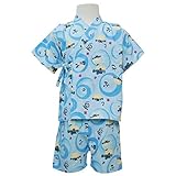 ベビー 甚平 男の子 じんべい ふぐ柄 日本製生地 和柄 綿100% スーツ上下 寝まき サックス 90