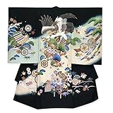 産着 男の子 お宮参りの着物 刺繍入りの熨斗目 （正絹）「黒 鷹と軍配に松」HBU824