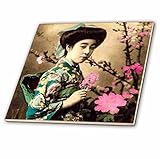 3drose Scenes from the Pastマジックランタンスライド – ヴィンテージJapanese手Colored Geisha withピンク花古い日本 – タイル 8-Inch-Ce