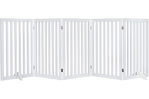 unipaws 36”H Free Standing Pet Gate for Doggy and Cat, Tall Wooden Doggy Gates for Doorway, Stairs, Doggy Room Divider, Foldable Pet Fence for The House, Expandable Doggy Barrier, Indoor Use, White