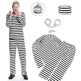 [TUTUYO] 囚人服 ハロウィン コスチューム 囚人 仮装 コスプレ 手錠 セット メンズ 白黒 ボーダー 長袖 (L)