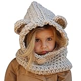 （サクララ）Sakulala ネックウォーマー ニット 帽子 耳付き ベビー キッズ 子供用 小熊 かわいい 防寒 あったかアイテム カジュアル 男女兼用 (ページュ)