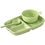 3セクションプレート/スープボウル/スプーン食器セット、電子レンジ対応、ポーションコントロールプレート健康的な食事 (Color : Green)