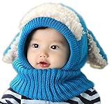 子供用 もふもふ ひつじ ニット帽 ネックウォーマー 防寒 アニマルフード 男の子 女の子 兼用 (ブルー)