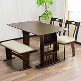 伸長式ダイニングセット 【ちょうど良いサイズの食卓4点セット】 利用人数や来客に合わせて対応できるダイニングテーブル（収納ラック付き） 回転チェア2脚 ベンチ椅子 ブラウン色