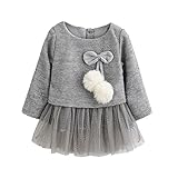 SIEGES ベビーワンピース 子供服 チュニック チュールスカート ボンボン付け 可愛い 長袖 厚手 秋冬 (80cm, グレー)