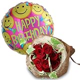 バルーンフラワー レッドドリーム 浮かぶバルーン(ハッピースマイル)と赤バラ花束のセット