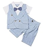 (コ-ランド) Co-land ベビー ボーイズ スーツ セット フォーマル チェック柄 リボン飾り 半袖 上下セット 男の子 紳士服 結婚式 発表会 パーティー 90 ブルー