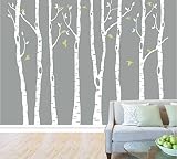 Set of 8 Birch Tree Wall Decal for Nursery Big White Tree Wall Sticker Fliying birds Wall Art Decor 