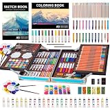 KINSPORY アート用品ケース 139点入り アートクラフト 絵画 ぬりえ お絵かき アートセット スケッチパッド付き デラックス ポータブル 二層 アルミニウム 蛇革スタイル ギフトボックス 子供 ティーン 大人用 (ブルー)