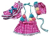 (ホーマイ)HOOMAI 水着 キッズ 女の子 ビキニ セパレート スカートパンツ ホルターネック キャンプ チェック柄 フリンジ フリル 花飾り セクシー 3点セット ピンク ピンク 100