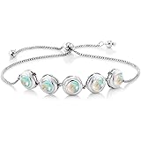Gem Stone King 925 Sterling Silver White Simulated Opal Adjustable Tennis Bracelet for Women (3.75 Cttw, 6MM Round Cabochon C