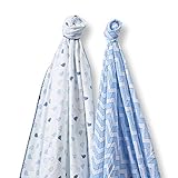 SwaddleDesigns SwaddleDuo, Set of 2 Swaddling Blankets, Cotton Muslin + Premium Cotton Flannel, Blue