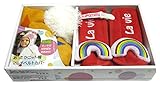 LaVie ギフトBOX 3点セット ベルトカバーレインボー&ニット帽イエロースター おしゃぶりホルダーホワイトドット b121