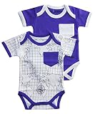 Cat & Dogma – Certified Organic Baby Clothing – 半袖ボディスーツ2パック – マップ+インディゴ( 3 to 6ヶ月)
