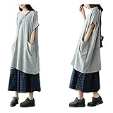 （ヴィレミティー）VILELEMT 半袖 ワンピース ゆったり 半袖 チュニックワンピース ひざ丈 大きいサイズ　綿 チュック柄 部屋着 レディース ワンピース リネン カジュアル 夏 (グレー)