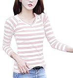 (ル・セリジエ) レディース 長袖 カットソー ボーダー ロング Tシャツ Vネック きれいめ ライン カジュアル (ピンクM)