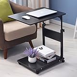 Dland 昇降式サイドテーブル サイドテーブル ノートパソコンスタンド ベッドサイドテーブル 収納棚 付き ナイトテーブル キャスター付きブラック