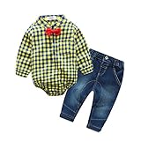 MUZJOY ベビー カバーオール 2点セット ロンパース+ジーンズ パンツ ベビー ロンパー 長袖Tシャツ 男の子(イエロー80cm)