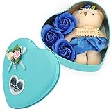 Yobansa 造花 石鹸の花 枯れない お花 薔薇 かわいいクマ 石鹸 バラハート型ギフトボックス 誕生日 結婚 記念日 卒業 入学 出産 お祝い，3本 (藍色)