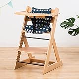 【ベビーチェア テーブル付き ハイチェア 高さ調節 木製 専用クッション付き】こどもと一緒に成長するチェア 高さ調節可能！ 安全ベルト付き ふかふかクッションセット チェア色：大水玉ネイビー クッショ