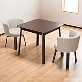 【お洒落な家カフェスタイル ダイニング3点セット】 丸みを帯びたクッションチェアー(座面9cm厚) 360度回転椅子 半円形背もたれ ガタツキ防止付きダイニングテーブル 縦横80cm 安全な角丸加工 2人掛け食卓セット (布アイボリー 色)