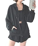 [DONOBAN] ルームウェア レディース パジャマ 上下セット セットアップ パーカー ショートパンツ キャミソール ビッグシルエット スウェットルームウェア3点セット｜FREE ブラック