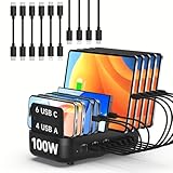 首佩 100W 10ポートUSB充電ステーション,USB-C×6＆USB-A×4ポート,PD高速充電対応 lPhone/lPad/Galaxyなど電子機器対応,混合充電ケーブル10本付属（ブラック）