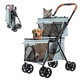 LPOTIUS ペットカート 多頭 上下2段式 ペットバギー ワンタッチ 折りたたみ 犬用ベビーカー コンパクト 収納便利 4輪 前輪360°回転 後輪ブレーキ付き 軽量 犬用カート 小型犬 中型犬 犬猫兼用 耐荷重20KG 上段8KG 下段12KG 多頭飼い対応 お出かけ 散歩 通院 介護用 ドッグカート 組み立て簡単（ブルー）