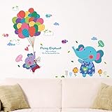 bibitime Flying Elephant Baby Take aバルーンFly to the Beautiful City漫画ウォールステッカーブルースカイ雲鳥の花の葉のデカールを保育園キッズ