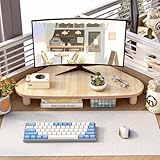 コーナー対応 モニター台 卓上 机上台 60×30cm 木製天板 デスク用 収納付き PCモニタースタンド(オリジナルの木の色)