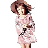 Ochine 春秋 新品 子供服 女の子 フレアスリーブ ワンピース ベルベット製 無地 長袖ドレス 膝上丈 可愛い 砂浜風 記念日 プレゼント ピンク 70-100cm