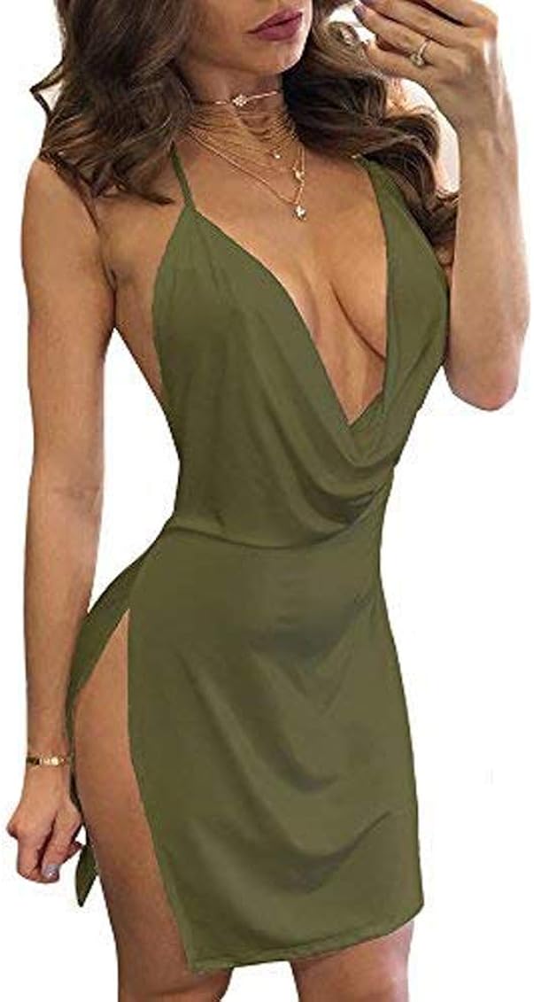 Deep V-Neck Halter Backless Slit Mini 