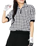 [MOSTSHOP] ポロシャツ ゴルフウェア レディース gs GOLF 半袖 リブトップス ハーフジップ ストレッチ 柄 無地 春夏 2-千鳥格子レギュラー丈 M