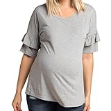 HUYB妊娠中　女性 ソリッドカラー　Ｔシャツ　フリル袖 ロングトップス　おしゃれ　快適　トップス　マタニティ服レディース (S, グレー)