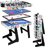 4in1 マルチ ゲームテーブル セット 子供用 ビリヤード台、卓球台、サッカー台、スライド ホッケー 親子ゲーム 誕生日、クリスマスプレゼント (4 フィート、1.2 メートル) ブルー