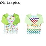 OHBABYKAベビー エプロン 長袖 防水 お食事 お食事練習 お絵描き 粘土遊び などに最適 子供 幼児 スモック 食事用 キャッチポケット付き 2枚セット 6ヶ月 ~ 24ヶ月 (ZY0102J