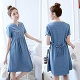 ルル屋　春 夏 マタニティ デニム シャツ ワンピース レディース カジュアル 普段着 チュニック 《お腹回り ゆったり 大きい サイズ》　授乳服 ママ 可愛い (M)