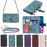 Eastwave アイフォン14 ケース for iPhone 14 縄掛けケース for iPhone14 手帳型 財布型 ICカード コインポケット ストラップ付き カード 収納 小銭入れ ファスナーポケット付き PUレザー 6色ブルー