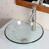 Eliteバスルームクリアラウンドガラス容器シンク&ブラシニッケル仕上げシングルレバー蛇口コンボ&ニッケルPop Up Drainマウントリング