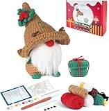 初心者向けかぎ針編みキット - ステップバイステップのビデオチュートリアル付き、大人と子供向けのかぎ針編みスターターキット、DIY編み物用品。クリスマスのカーキ色のノーム（40%以上の毛糸含む）に使えるかぎ針編みキットです。